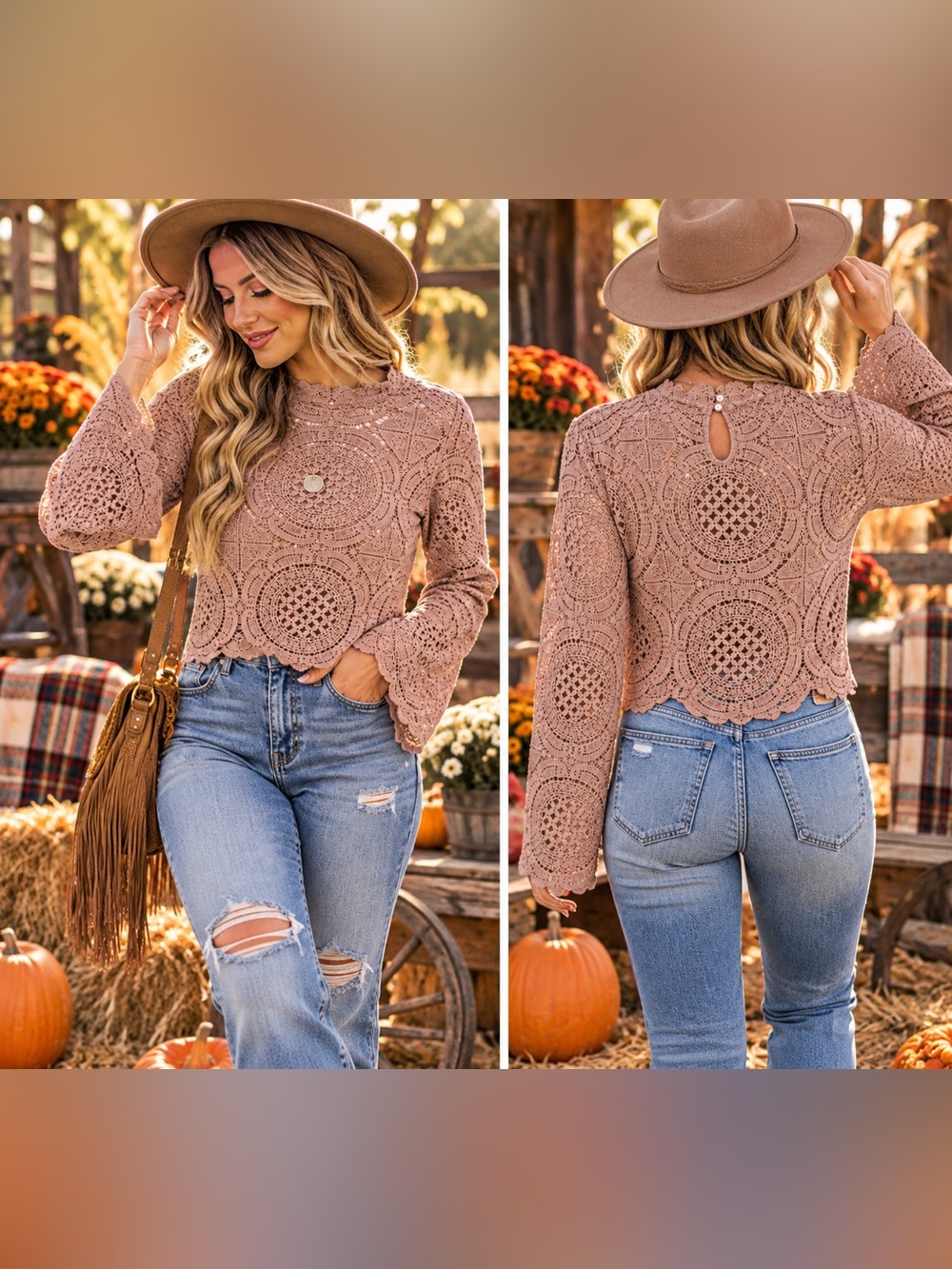 Boohoo Crochet Scallop Hem Long Sleeve Top in Mauve